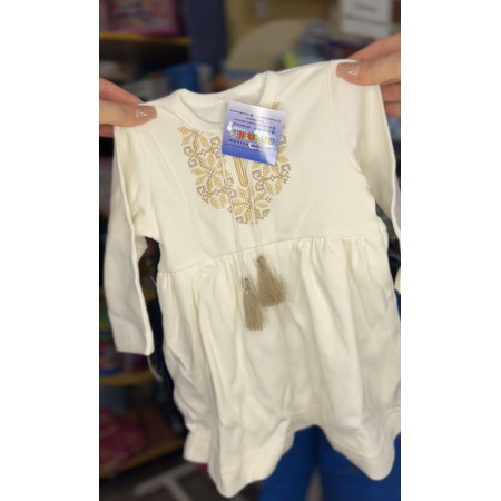 Комплект для хрещення дівчинки з золотою вишивкою: сукня, штанці, чепчики та шапочка